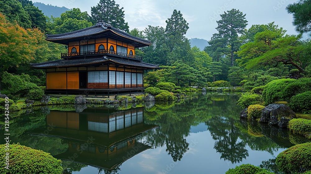 A tranquil Japanese garden includes a traditional house and a serene pond, offering a glimpse into Japanese culture and aesthetics A tranquil Japanese garden includes a traditional house and a serene pond, offering a glimpse into Japanese culture and aesthetics