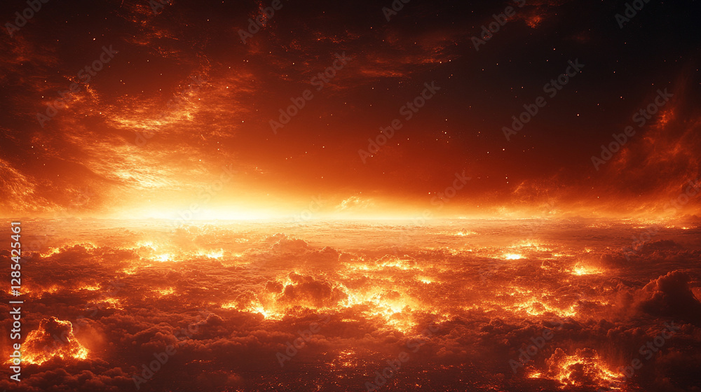Fototapeta premium Blazing sun dominates a parched landscape symbolizing global overheating Intense heat waves and cracked earth represent climate change urgency and the impact of extreme solar radiation on the planet