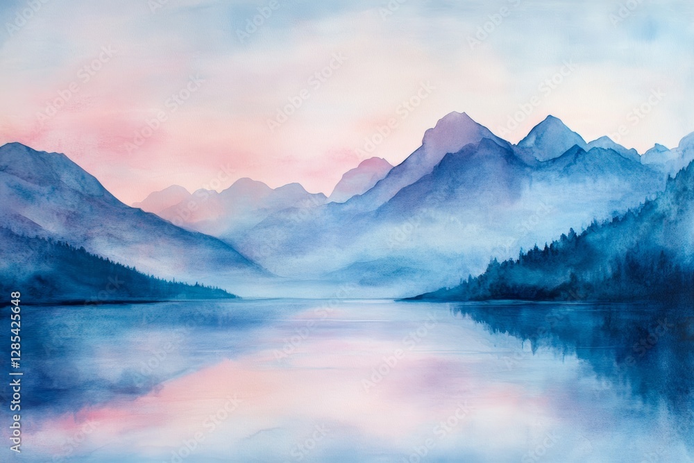 Fototapeta premium A mesmerizing watercolor painting of misty mountains at dawn. With soft pastel shades blending together perfectly.
