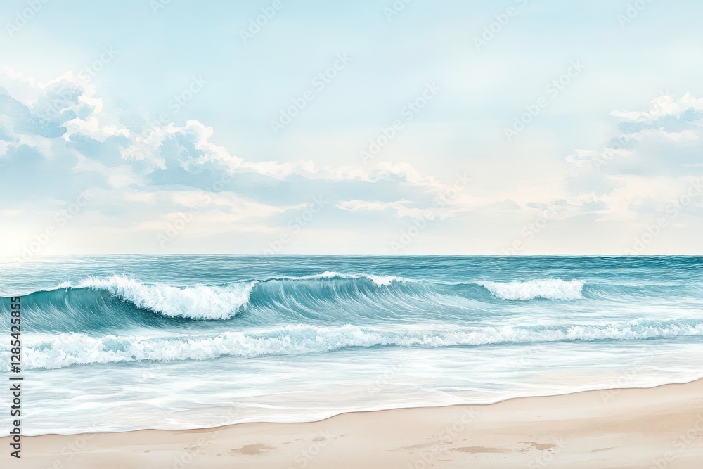 A tranquil watercolor seascape, with gentle waves rolling onto a sandy shore. A tranquil watercolor seascape, with gentle waves rolling onto a sandy shore.