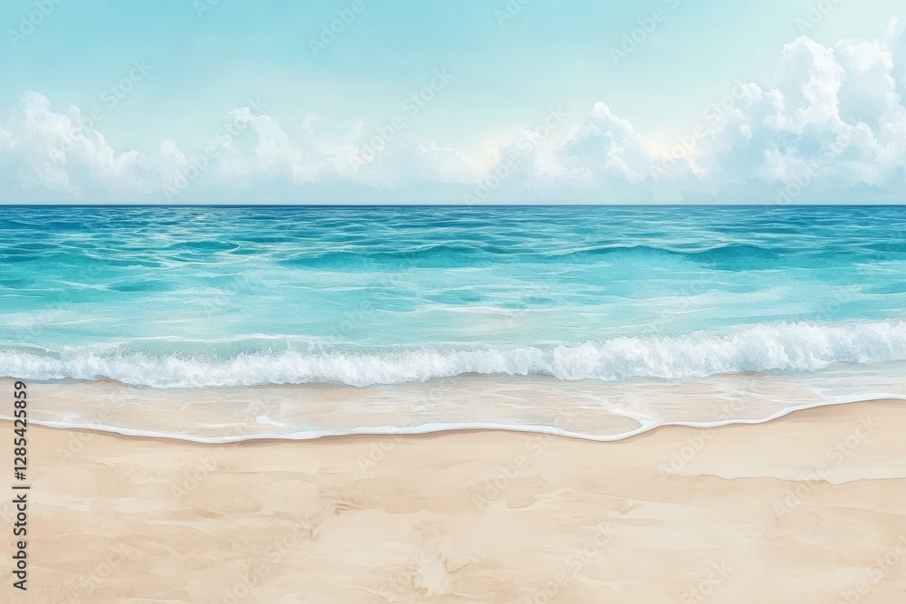 A tranquil watercolor seascape, with gentle waves rolling onto a sandy shore. A tranquil watercolor seascape, with gentle waves rolling onto a sandy shore.