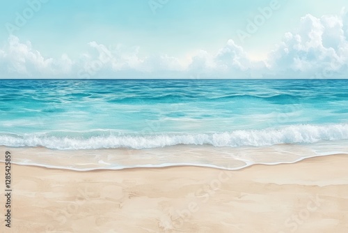 A tranquil watercolor seascape, with gentle waves rolling onto a sandy shore.
