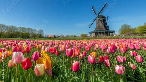 Dutch Windmill Amidst Colorful Tulip Field (1)