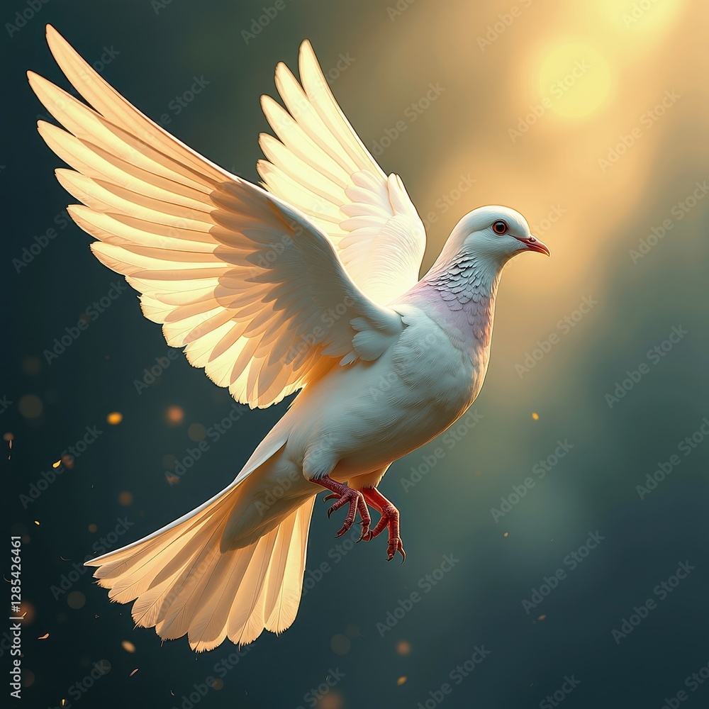 Fototapeta premium White Dove Flying with Golden Light and Bokeh Background