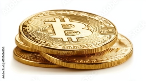Three gold cryptocurrency coins stacked together on a white background.