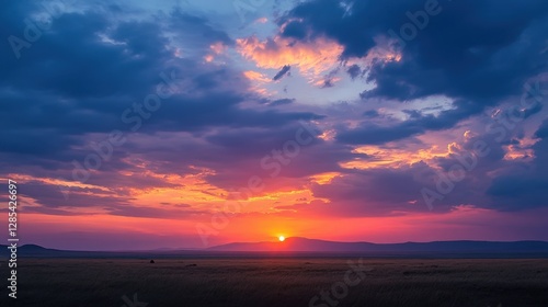 A tranquil morning in the Serengeti, with elephants silhouetted against a vibrant sunrise sky.