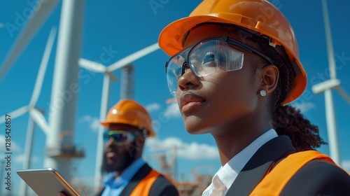 Engineers Overseeing Wind Turbine Project with Sustainable Energy Solution