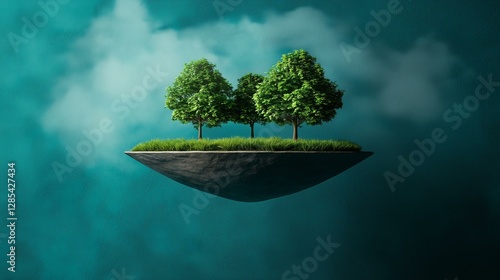 Floating island with trees and grass against a blue background.