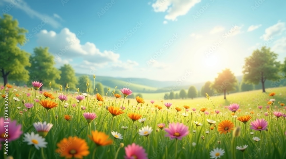 A vibrant field of blooming flowers under a clear blue sky, capturing the essence of spring. Ideal for nature, landscape, and seasonal themes. A vibrant field of blooming flowers under a clear blue sky, capturing the essence of spring. Ideal for nature, landscape, and seasonal themes.