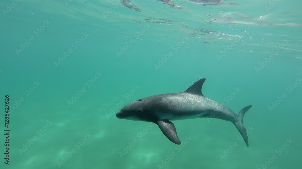 A vaquita swims gracefully in the turquoise waters of the Gulf of California, showcasing its distinct dark eye rings and gentle demeanor. A vaquita swims gracefully in the turquoise waters of the Gulf of California, showcasing its distinct dark eye rings and gentle demeanor.