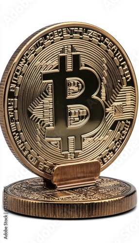 Gold-colored cryptocurrency coin on display stand. Intricate design details visible.