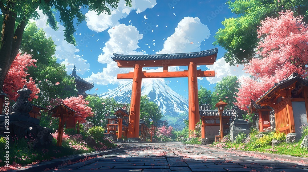A unique anime-style illustration features a traditional torii gate with a modern twist A unique anime-style illustration features a traditional torii gate with a modern twist