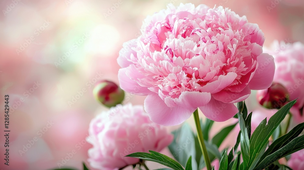 Blooming Pink Peony Flowers with Green Leaves on Soft Blurred Background Blooming Pink Peony Flowers with Green Leaves on Soft Blurred Background