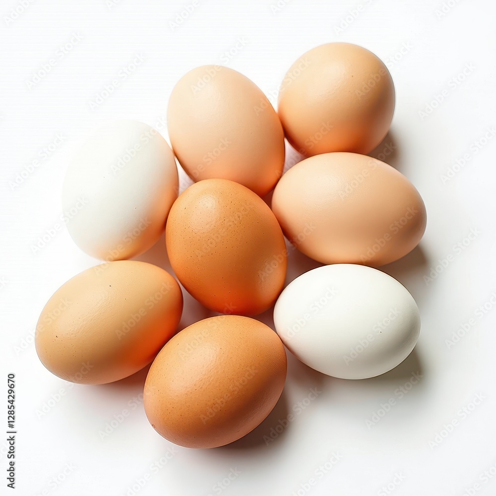 Easter Egg Display: Majestic Brown and White Eggs Against a Clean White Background. A group of brown and white eggs on a white surface. Easter Egg Display: Majestic Brown and White Eggs Against a Clean White Background. A group of brown and white eggs on a white surface.