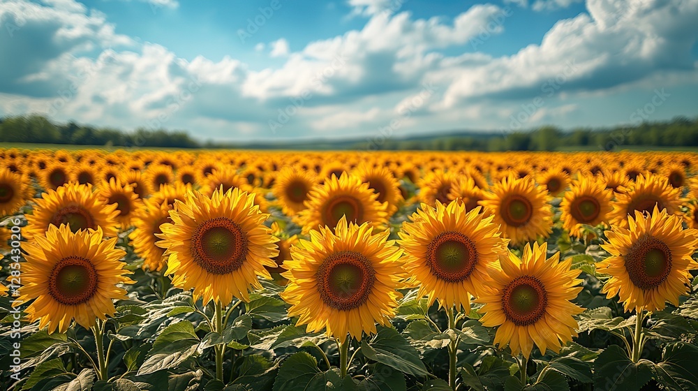 Fototapeta premium A vast sunflower field stretches towards the horizon, with a bright blue sky and fluffy white clouds overhead