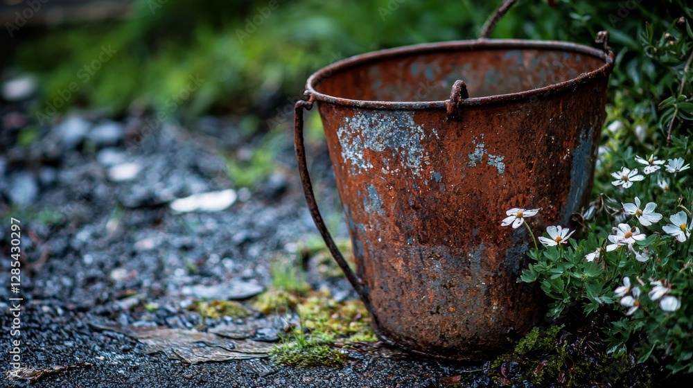 Old rustic metal bucket on mossy ground Old rustic metal bucket on mossy ground
