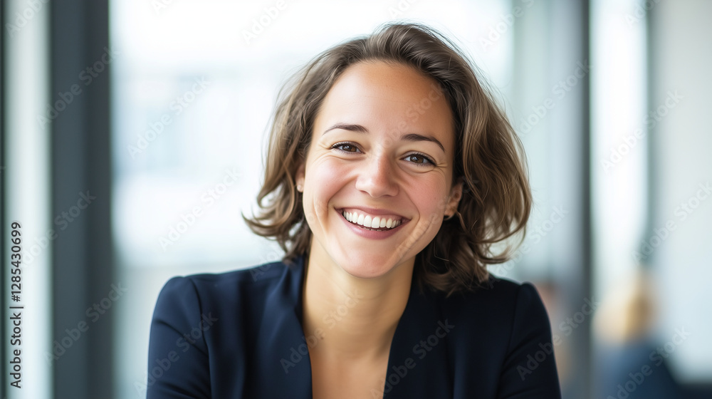 A young, beautiful European businesswoman smiling and laughing in a headshot portrait at her workplace. She looks confidently at the camera, exuding the qualities of a company exec A young, beautiful European businesswoman smiling and laughing in a headshot portrait at her workplace. She looks confidently at the camera, exuding the qualities of a company exec