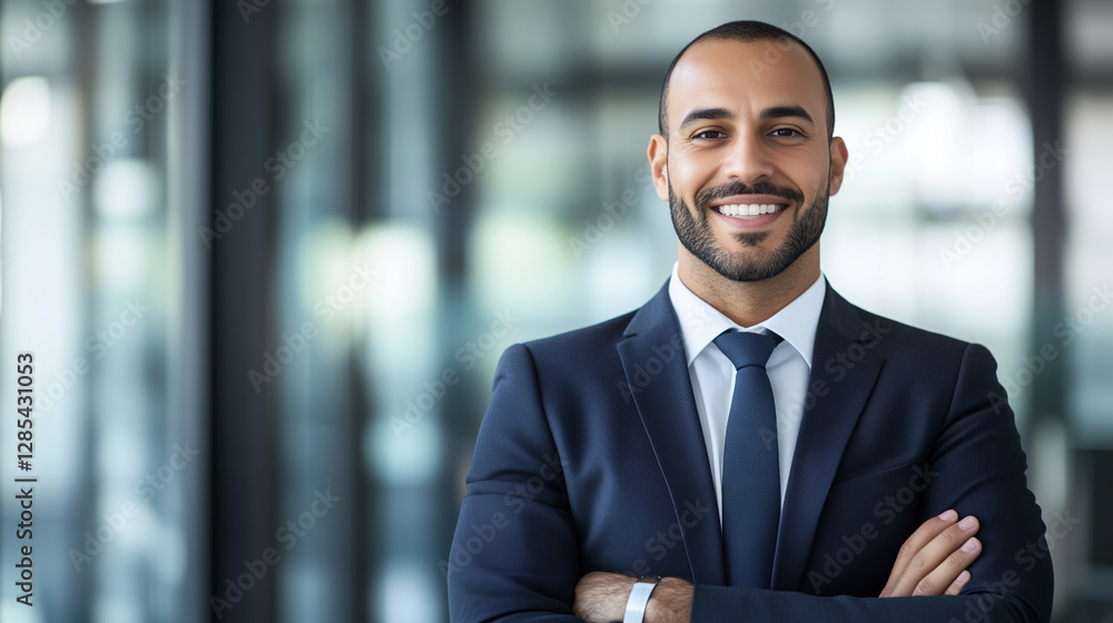 A smiling, confident Arabic business professional in a formal jacket, posing for a profile picture. His direct gaze at the camera highlights his authority and success as a male bos A smiling, confident Arabic business professional in a formal jacket, posing for a profile picture. His direct gaze at the camera highlights his authority and success as a male bos