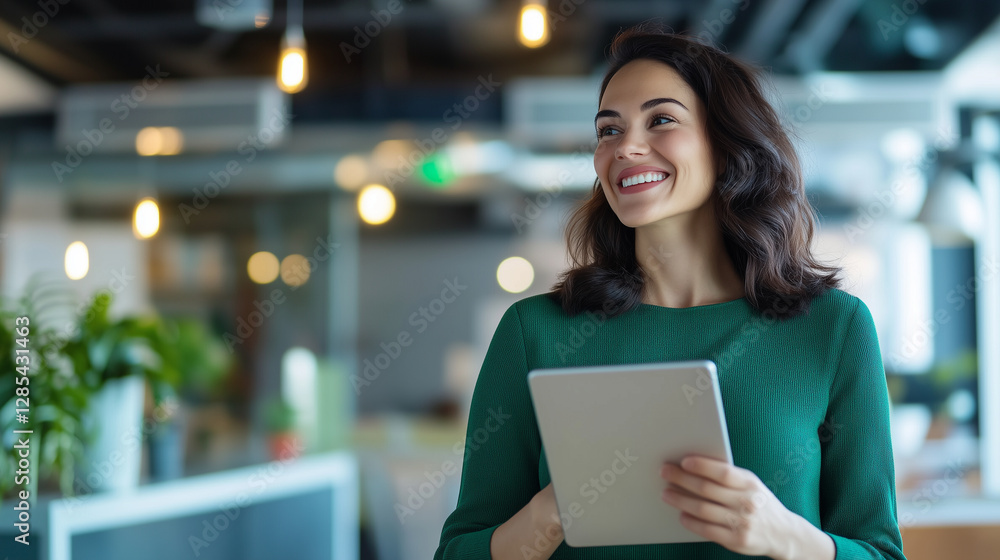 A happy, young female manager using a tablet in a modern office co-working space. She looks away, smiling and laughing, reflecting on her business career success. Her positive ener A happy, young female manager using a tablet in a modern office co-working space. She looks away, smiling and laughing, reflecting on her business career success. Her positive ener