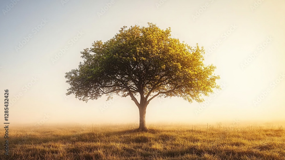 Solitary tree sunrise misty field nature peace Solitary tree sunrise misty field nature peace