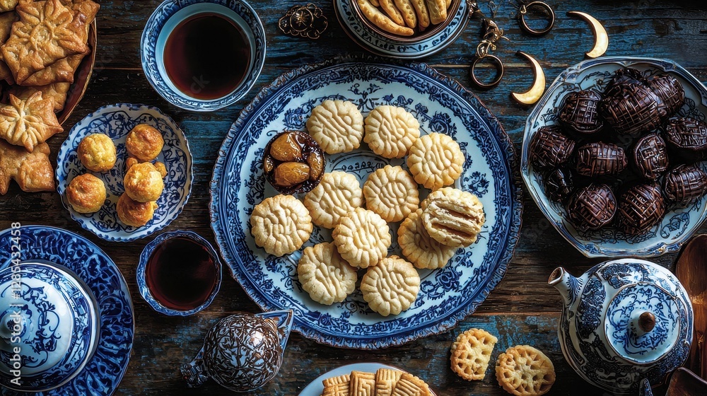 Fototapeta premium Variety of Middle Eastern Cookies and Tea on Wooden Table Top