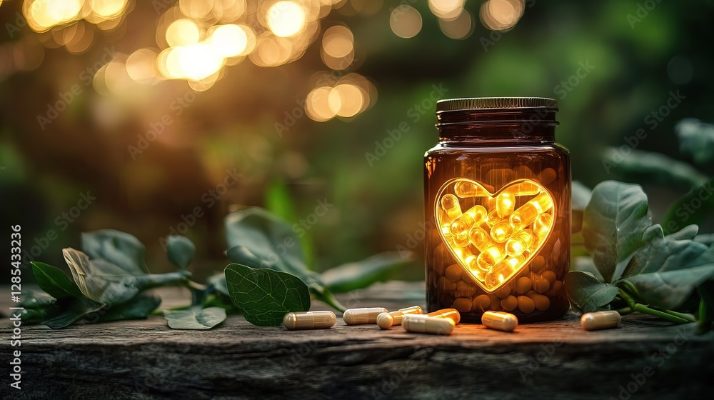 Omega-3 capsules with a glowing heart symbol, symbolizing health and longevity through nutrition.
Omega-3 capsules with a glowing heart symbol, symbolizing health and longevity through nutrition.
