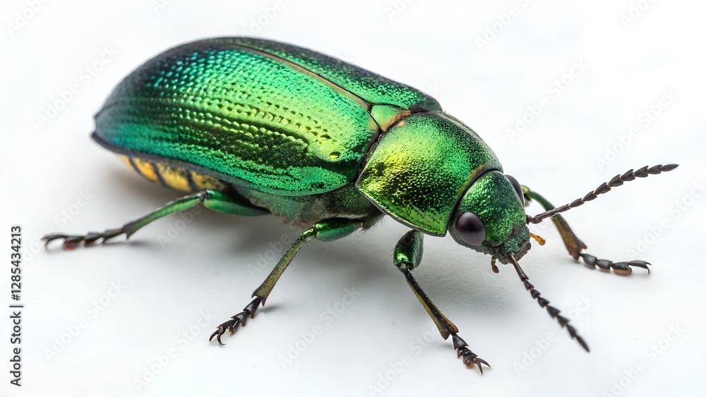 Jewel Beetle's Emerald Armor: Macro shot of a vibrant jewel beetle, its iridescent, metallic green shell gleaming under the light. Jewel Beetle's Emerald Armor: Macro shot of a vibrant jewel beetle, its iridescent, metallic green shell gleaming under the light.