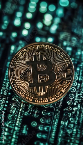 Close-up of a gold-colored cryptocurrency coin resting on a digital background.