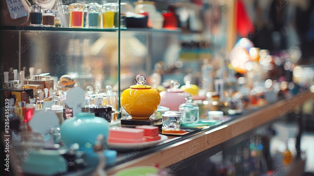 Colorful tea set on display in a cozy shop Colorful tea set on display in a cozy shop