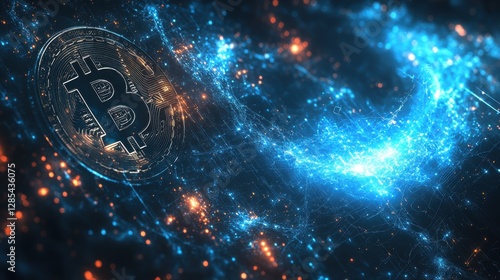 Digital currency coin on a network background. Represents cryptocurrency technology and global finance.