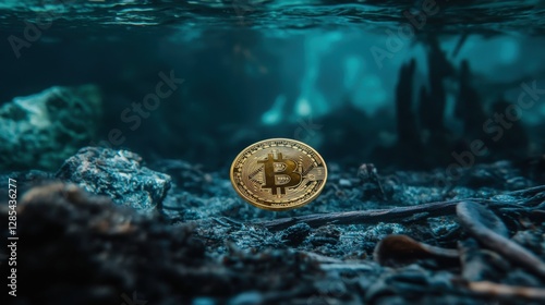 Cryptocurrency coin submerged underwater, resting on a dark seabed. Mysterious and intriguing.
