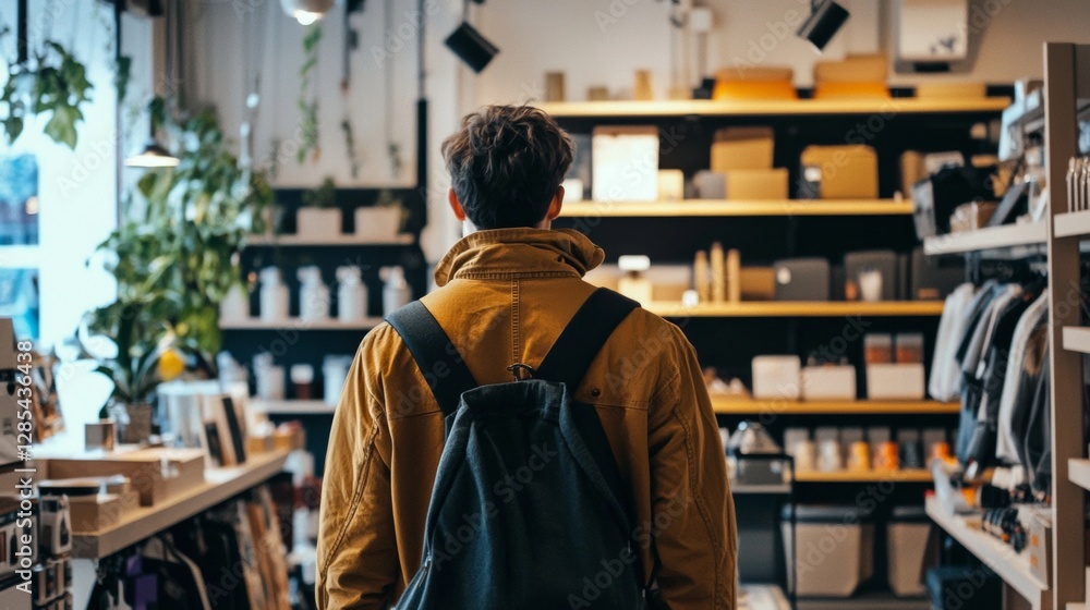 Back view of a man walking in a modern bookstore Back view of a man walking in a modern bookstore
