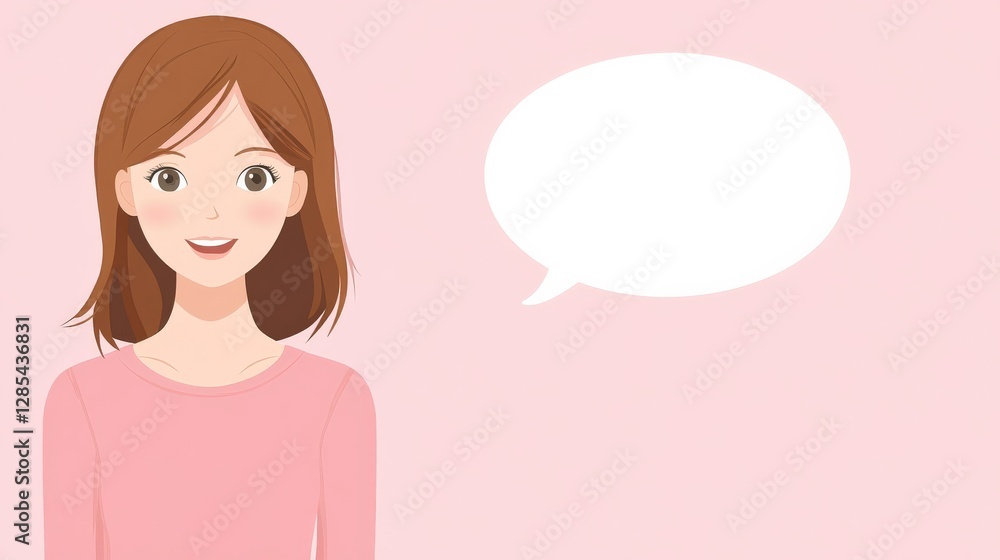 Smiling woman with brown hair and blank speech bubble on pastel pink background Smiling woman with brown hair and blank speech bubble on pastel pink background