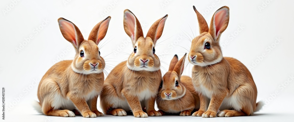 Fototapeta premium Four Cute Brown Rabbits on White Background