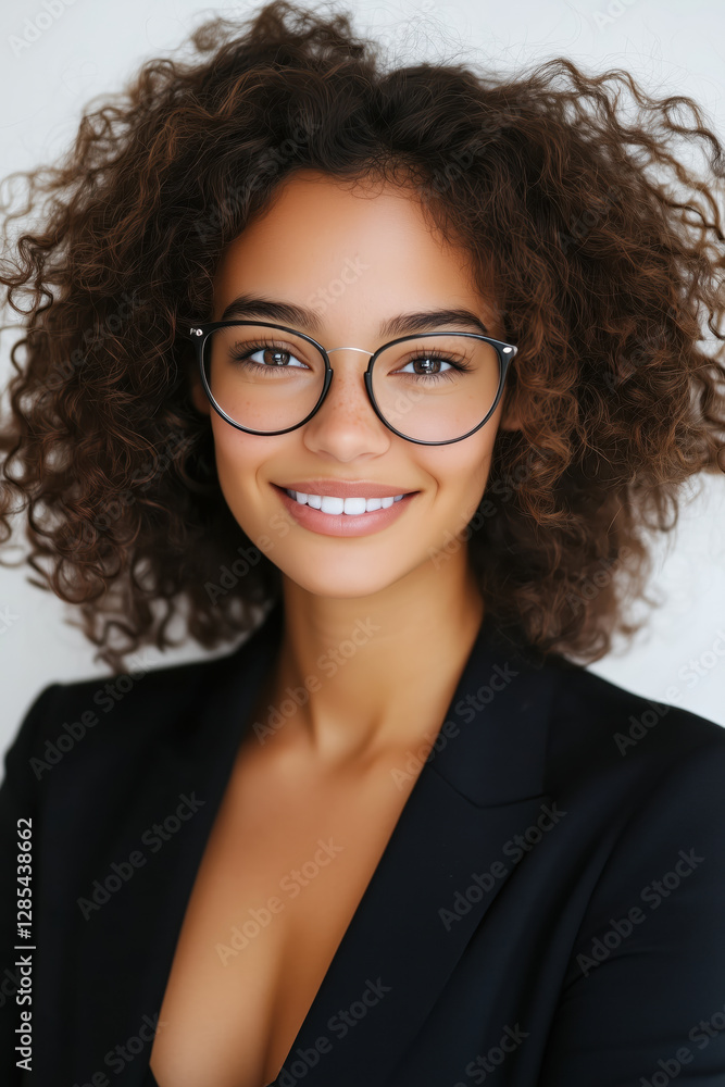 Portrait of a cheerful woman with curly hair and glasses wearing a black blazer, exuding confidence and style Portrait of a cheerful woman with curly hair and glasses wearing a black blazer, exuding confidence and style