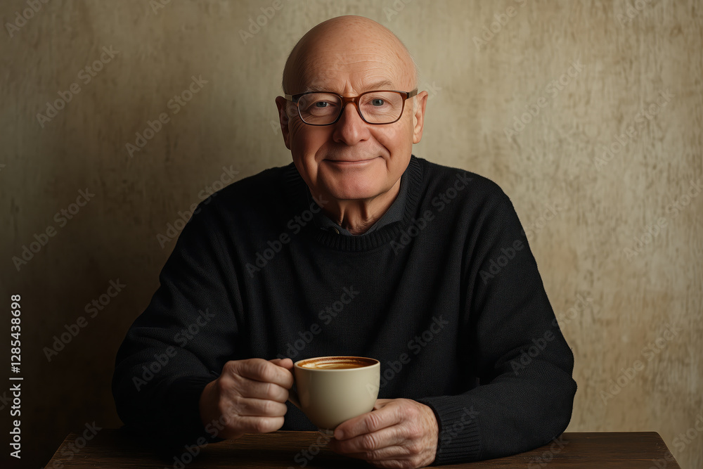 Elderly man in glasses wearing a dark sweater enjoying a comforting cup of coffee at a rustic wooden table Elderly man in glasses wearing a dark sweater enjoying a comforting cup of coffee at a rustic wooden table