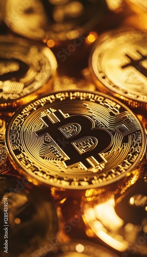 Close-up of gold-colored cryptocurrency coins. A detailed view of the intricate design and metallic texture.
