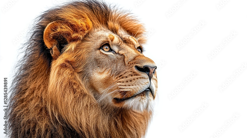 Fototapeta premium A vibrant lion against a white background, its mane flowing in the wind, showcasing the majesty and power of this magnificent animal