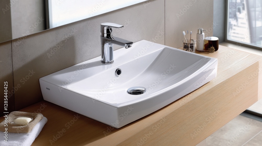 Compact modern bathroom with a white ceramic sink, a slimline faucet, and space-saving decor elements. Compact modern bathroom with a white ceramic sink, a slimline faucet, and space-saving decor elements.