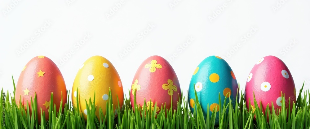 Easter Eggs in Vibrant Colors Against Soft Green Grass on White Background. A row of brightly colored easter eggs in a grassy field. Easter Eggs in Vibrant Colors Against Soft Green Grass on White Background. A row of brightly colored easter eggs in a grassy field.