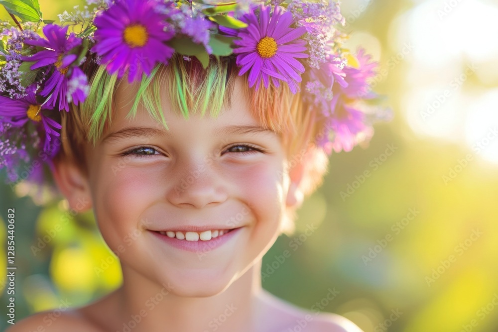 Sunny daylight. Happy vacation time holidays conceptual art. Happy caucasian child boy with multi-color hair wearing purple flower circlet on his head. Young boy with natural elegance. Sunny daylight. Happy vacation time holidays conceptual art. Happy caucasian child boy with multi-color hair wearing purple flower circlet on his head. Young boy with natural elegance.