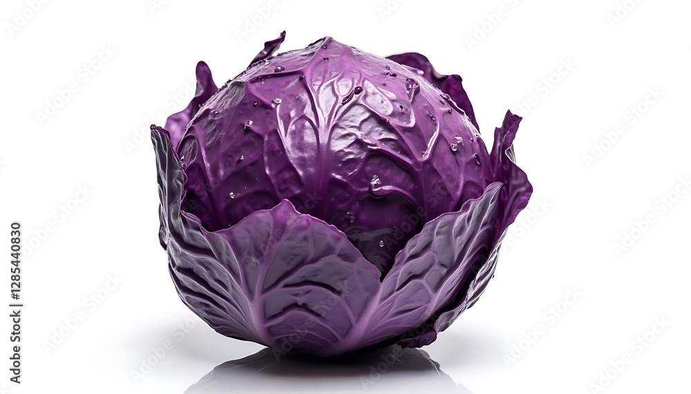 Fototapeta premium Fresh vibrant whole red cabbage on a clean white reflective surface, concept for healthy eating campaigns, cooking blogs and grocery store advertisements