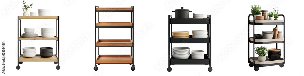 Assorted shelving units and storage carts in various materials styles and for organizing and displaying household items kitchenware and decor in a modern minimalist or industrial interior setting Assorted shelving units and storage carts in various materials styles and for organizing and displaying household items kitchenware and decor in a modern minimalist or industrial interior setting
