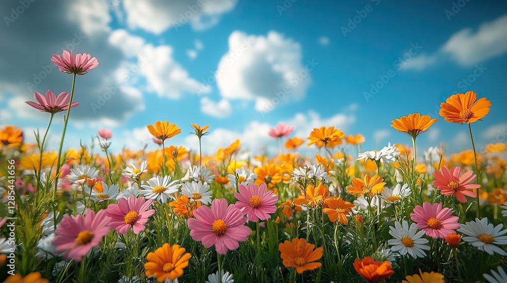 A vibrant meadow bursting with wildflowers under a bright blue sky The cheerful colors of daisies and marigolds create a joyful atmosphere, perfect for a nature-themed calendar or greeting card A vibrant meadow bursting with wildflowers under a bright blue sky The cheerful colors of daisies and marigolds create a joyful atmosphere, perfect for a nature-themed calendar or greeting card