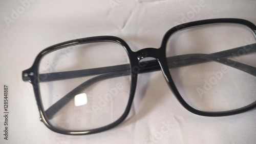 Black frame glasses are placed on a white cloth background