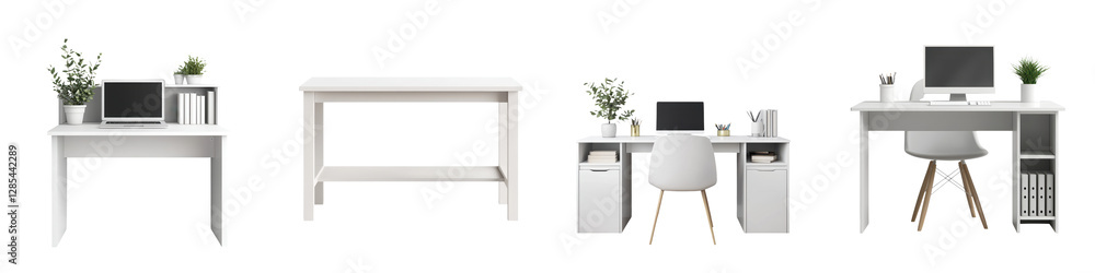 Minimalist and organized workspace with laptop monitor plant and office supplies on a modern white desk in a clean and professional home or office environment Minimalist and organized workspace with laptop monitor plant and office supplies on a modern white desk in a clean and professional home or office environment
