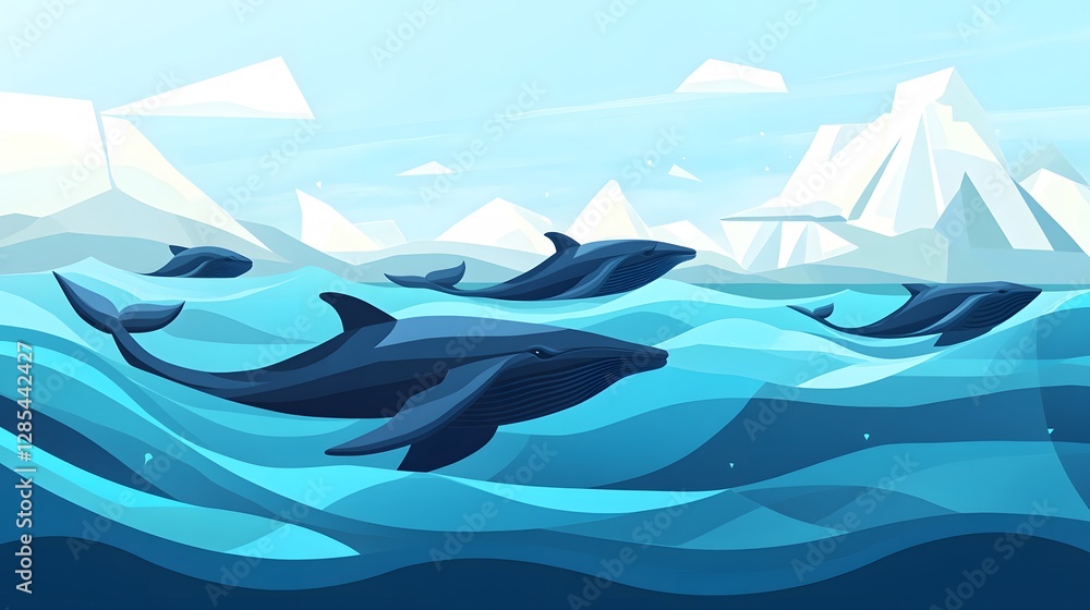 Whales swimming in vibrant blue ocean, serene seascape with gentle waves, ideal for marine conservation themes. Whales swimming in vibrant blue ocean, serene seascape with gentle waves, ideal for marine conservation themes.
