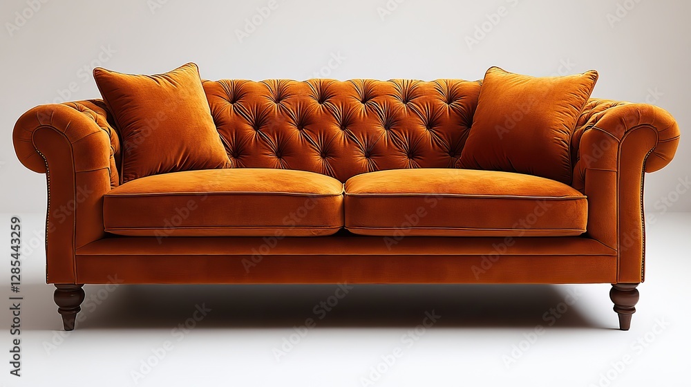 Fototapeta premium A vibrant orange tufted sofa with a classic design featuring plush cushions and elegant wooden legs, perfect for adding a pop of color to any living space