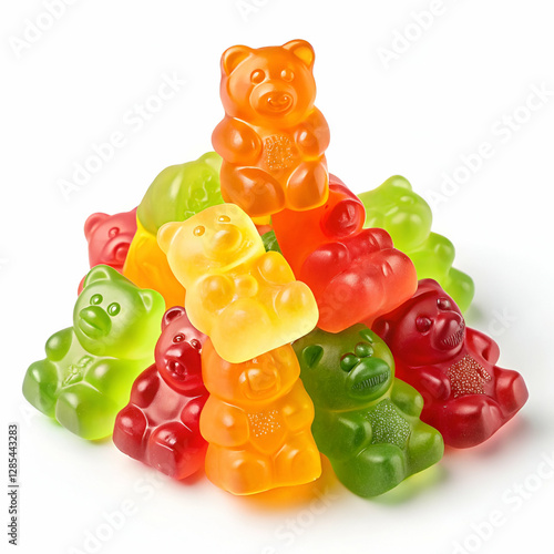 A delicious pile of multicolored jelly bear candies with a soft chewy texture, isolated on a crisp white background