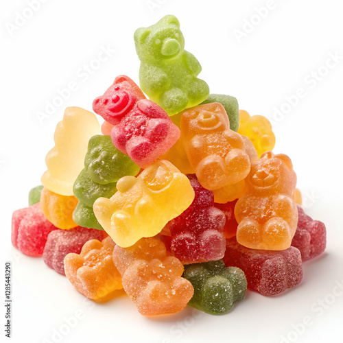 A delicious pile of multicolored jelly bear candies with a soft chewy texture, isolated on a crisp white background